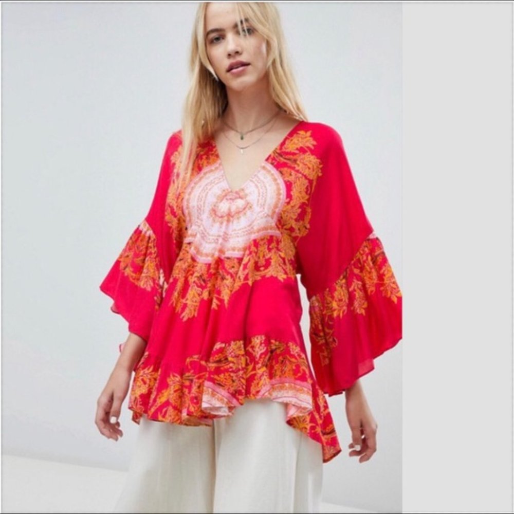 Free‎ People Sunset Dreams Top Flare Sleeve Red Festival Boho Oversized V Neck